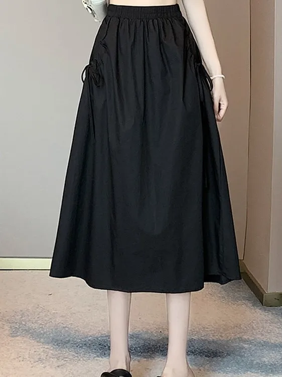 Summer 2026 Versatile Pure Color Drawstring Pocket Mid-Length Workwear A-Line Skirt for Women Elastic Waist High Waist Design