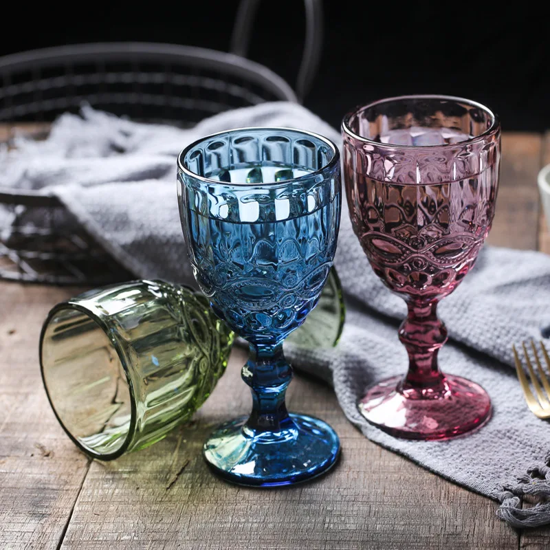 1 Piece 240ml 8oz Vintage Embossed Solid Color Goblet Amber Green Blue Purple Wine Glasses Goblet Stemware Glass Cup Table Decor