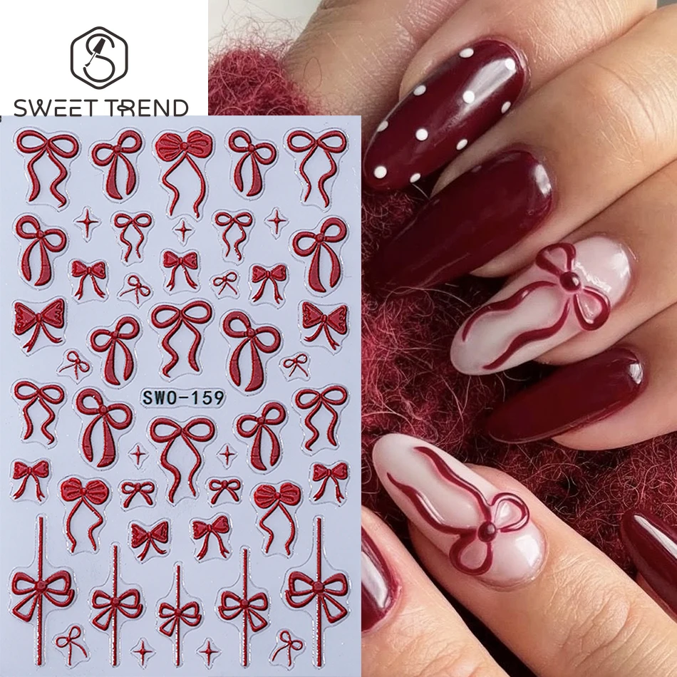 2 stücke Geprägte Rote Schleife Nagel Aufkleber Nette Band Bogen Stern Unregelmäßige Design Selbstklebende Nail art Aufkleber Maniküre Dekoration