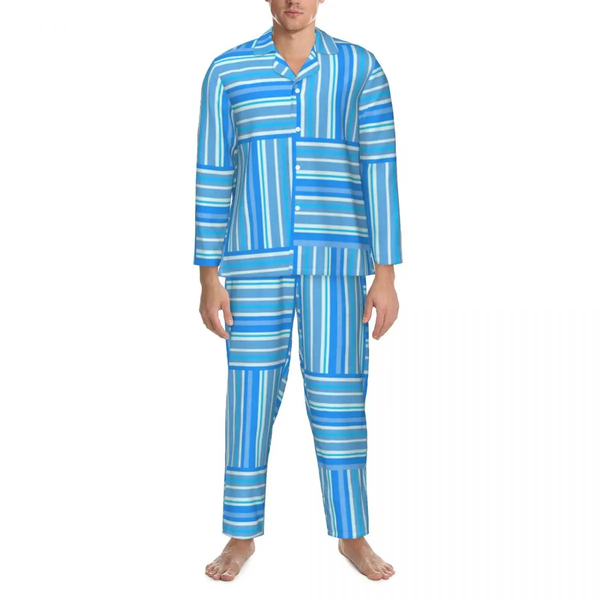 

Blue And White Striped Pajama Sets Spring Colorful Lines Warm Bedroom Sleepwear Men Two Piece Casual Loose Design Nightwear