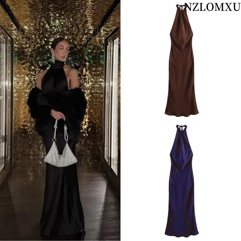 2025 Abito lungo in raso senza schienale marrone moda donna Abito lungo allentato senza maniche femminile Abito lungo da festa sexy chic