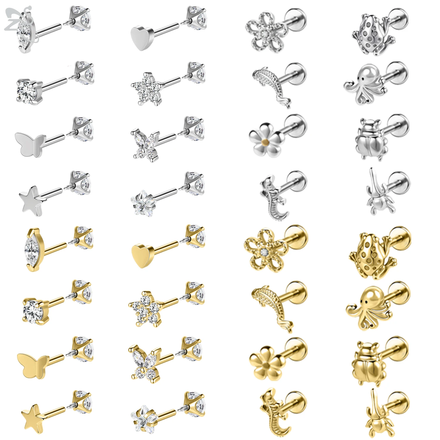 ZS 1PC 16G/18G Stainless Steel Labret Lip Ring Internal Thread Lip Stud Ladybug Butterfly Ear Stud 6mm/8mm Cartilage Earring