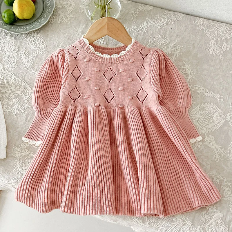 2024 New Autumn 0-4Yrs Baby Girl Party Dress Long Sleeved Knitted Kids Princess Dresses Children Knitting Clothes