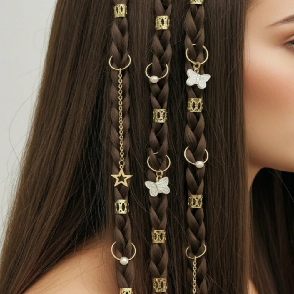 

28pcs Boho Hair Cuffs Pearl Butterfly Filigree Star Dreadlock Rings Braid Accessories Set for Women Girls Versatile Styling