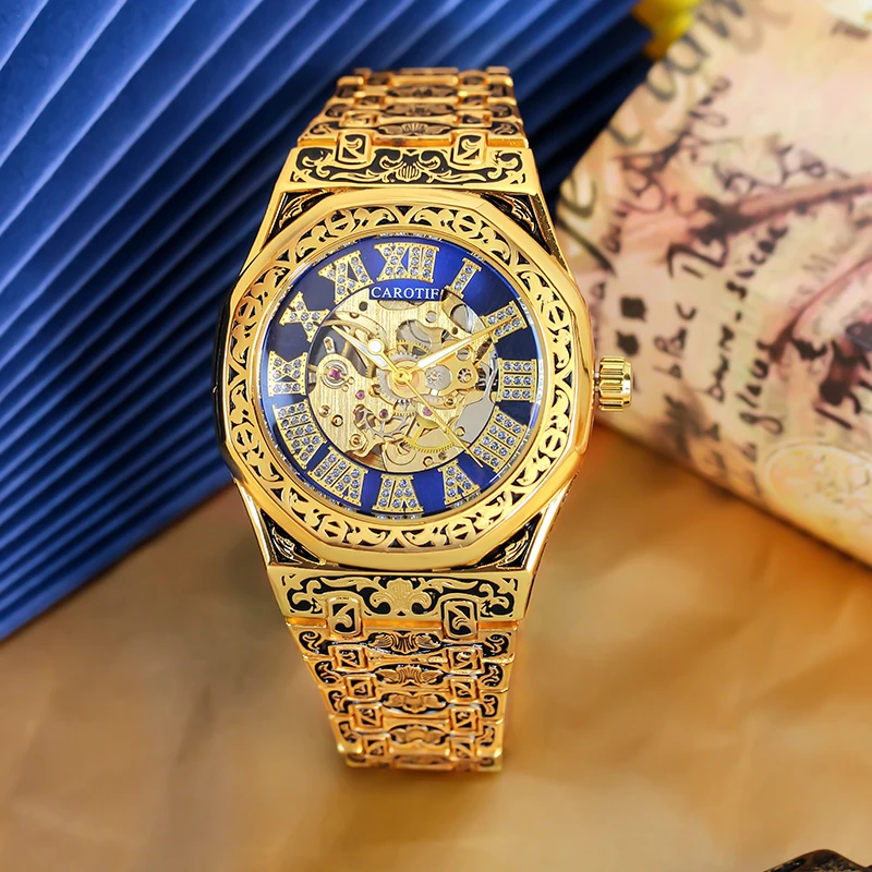 A men's black and gold steel band business retro Roman nail polygonal fully automatic mechanical wristwatch.