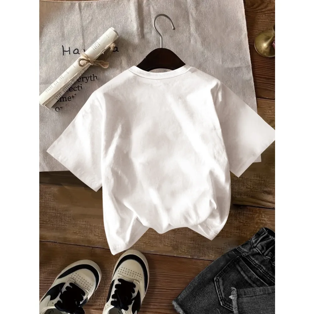 White Background Orange Pink Striped Cartoon Duck Short Sleeved Women's Fun WHAT THE Letter Versatile Round Neck T-shirt