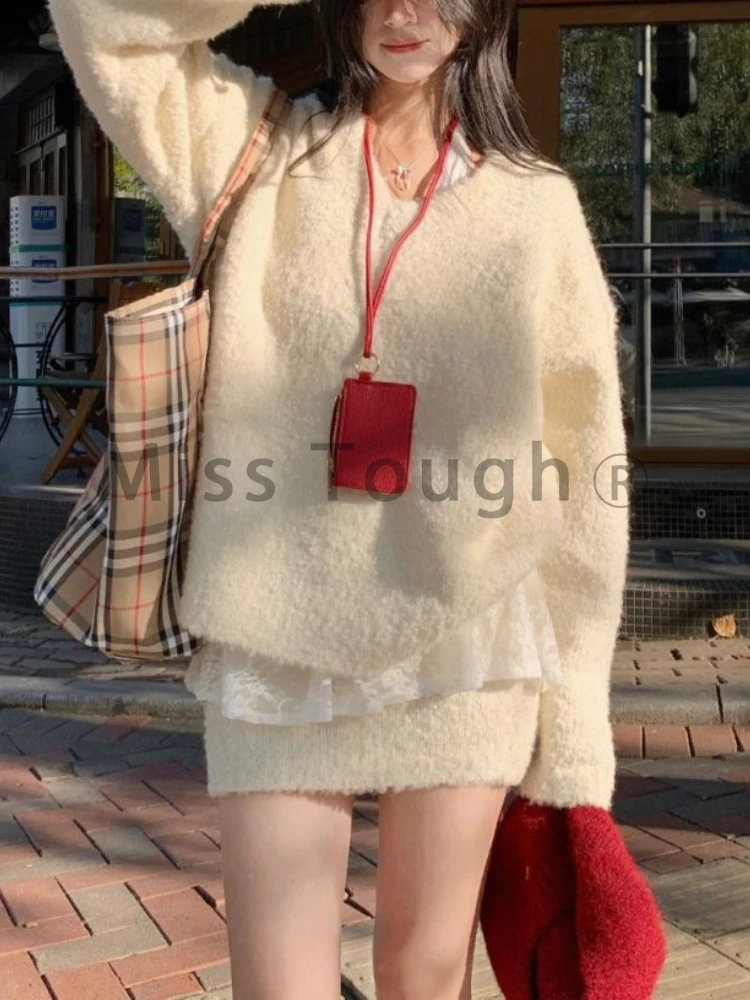 2024 Korean Fashion Sweet Knit Two Piece Set Loose Sweater + Mini Bag Hip Skirt New V-neck Casual Pullovers Women\'s Winter Suits