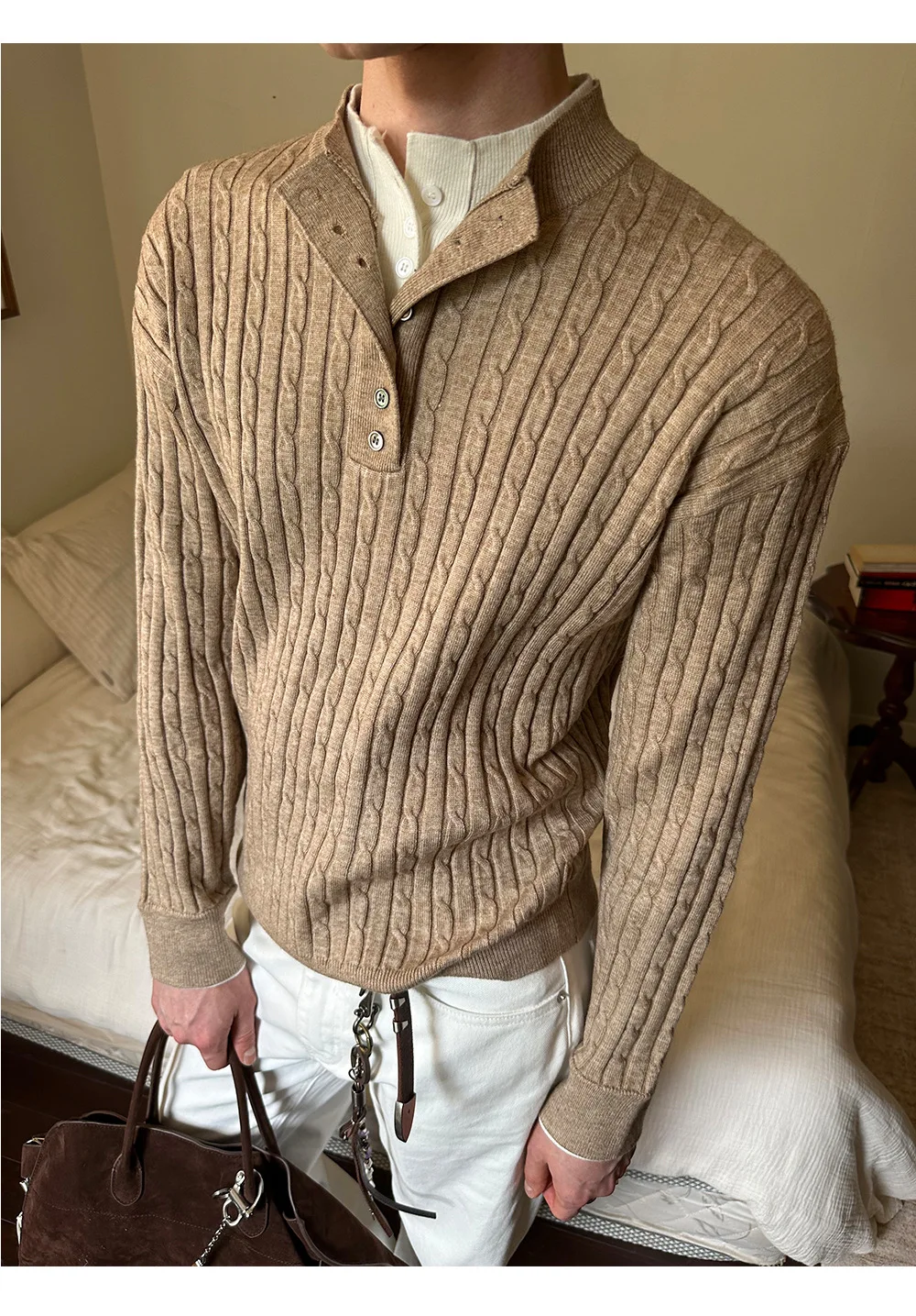 

Firmranch Autumn Winter Fake Two-pieces Double-layer Henley Neck Knitting Shirt For Men And Women British Retro Twist Sweater