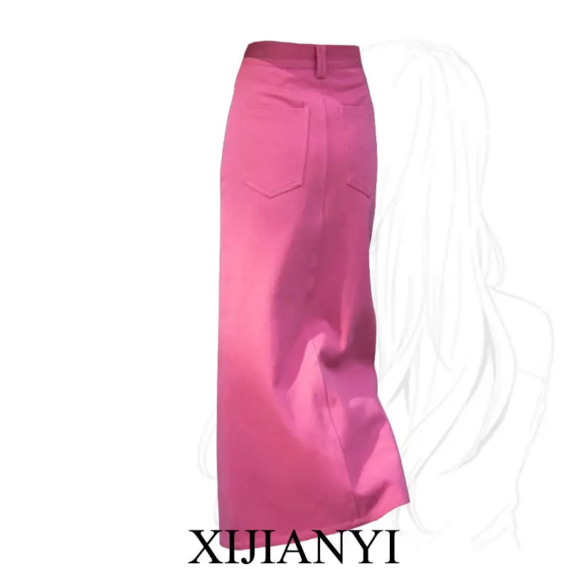 

High waisted washed fashionable rose pink slit denim skirt women clothing maxi skirt vintage Loose Fit