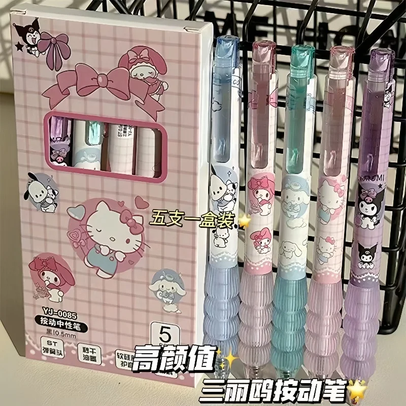 

5Pcs Cute Sanrio ST Tip Gel Pens, Kawaii Aesthetic Smooth Writing Pens, Soft Silicone Grip School Stationery for Students