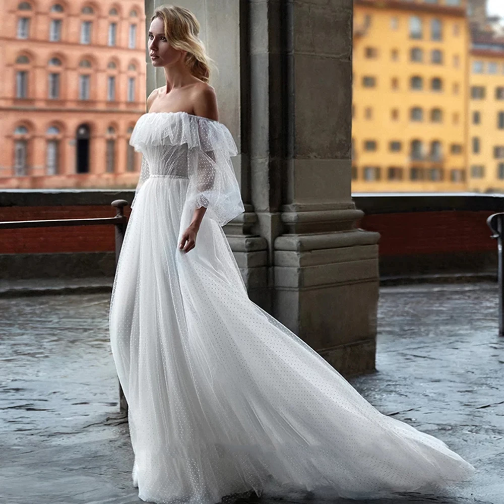 Vestidos de novia bohemios para verano, ropa de playa sin tirantes, hombros descubiertos, manga, Espalda descubierta, 2022