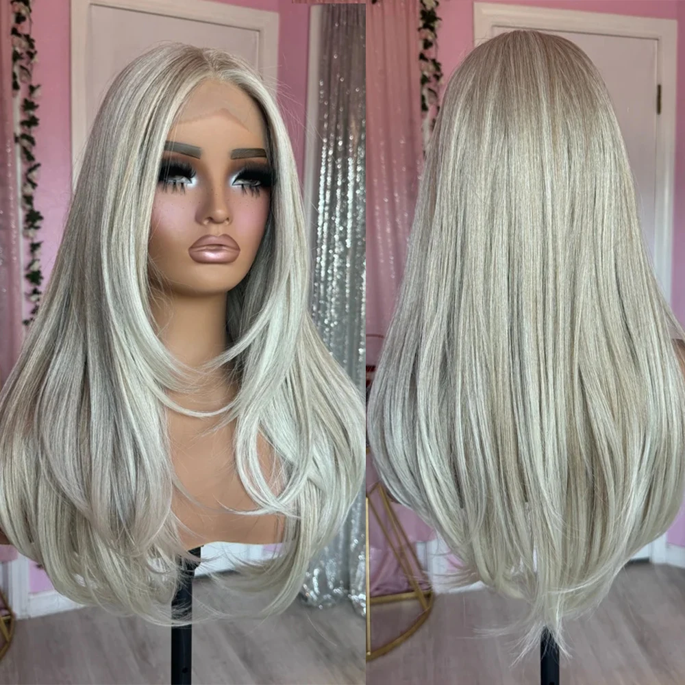 Creamy Ash Blonde Platinum Balayage Straight Wig Premium Human Hair Blend HD Invisible Lace Front Wig 13x4 Free Part Wig