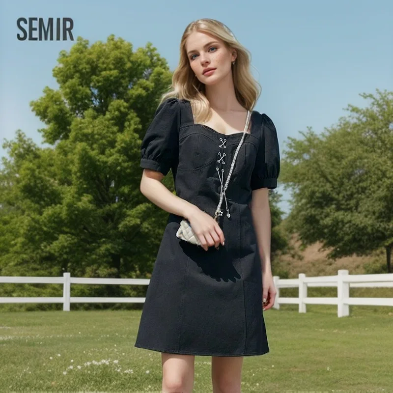 Semir Dress Women's Puff Sleeve Square Neck 2024 New Summer Gentle Solid Color Cotton Dresses elegant for Women