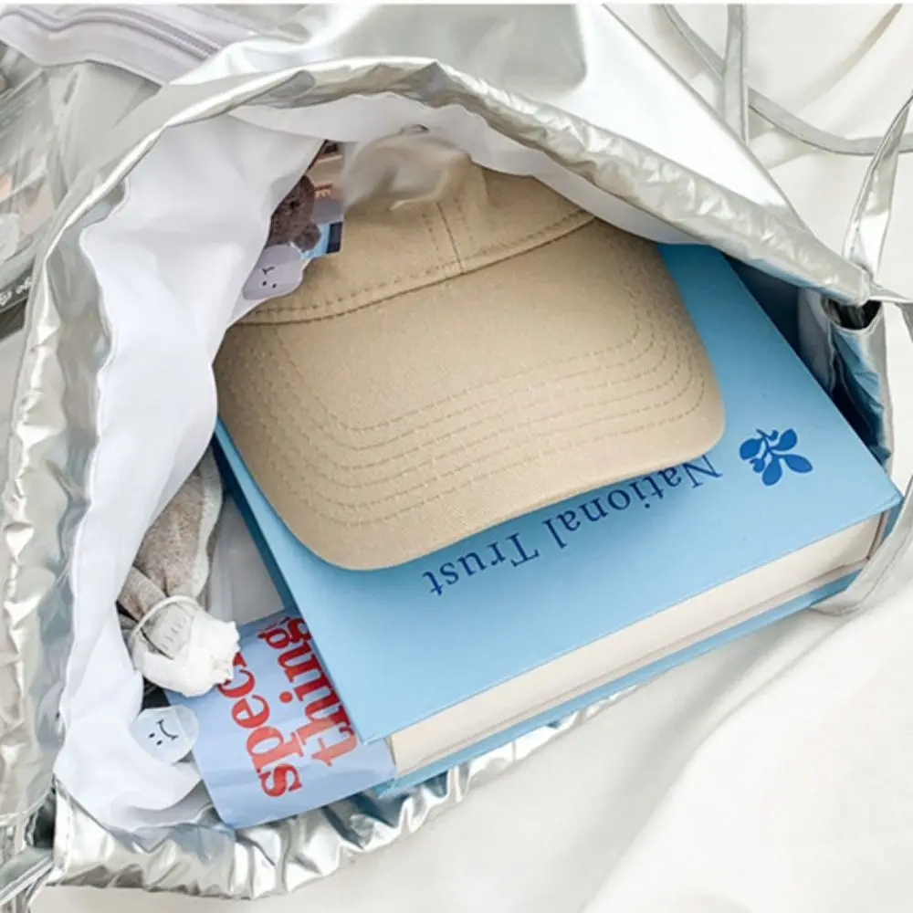 

Прозрачный карманный рюкзак на шнурке, серебряный рюкзак из искусственной кожи большой емкости, ручная сумка Itabag в корейском стиле, легкая женская сумка на плечо