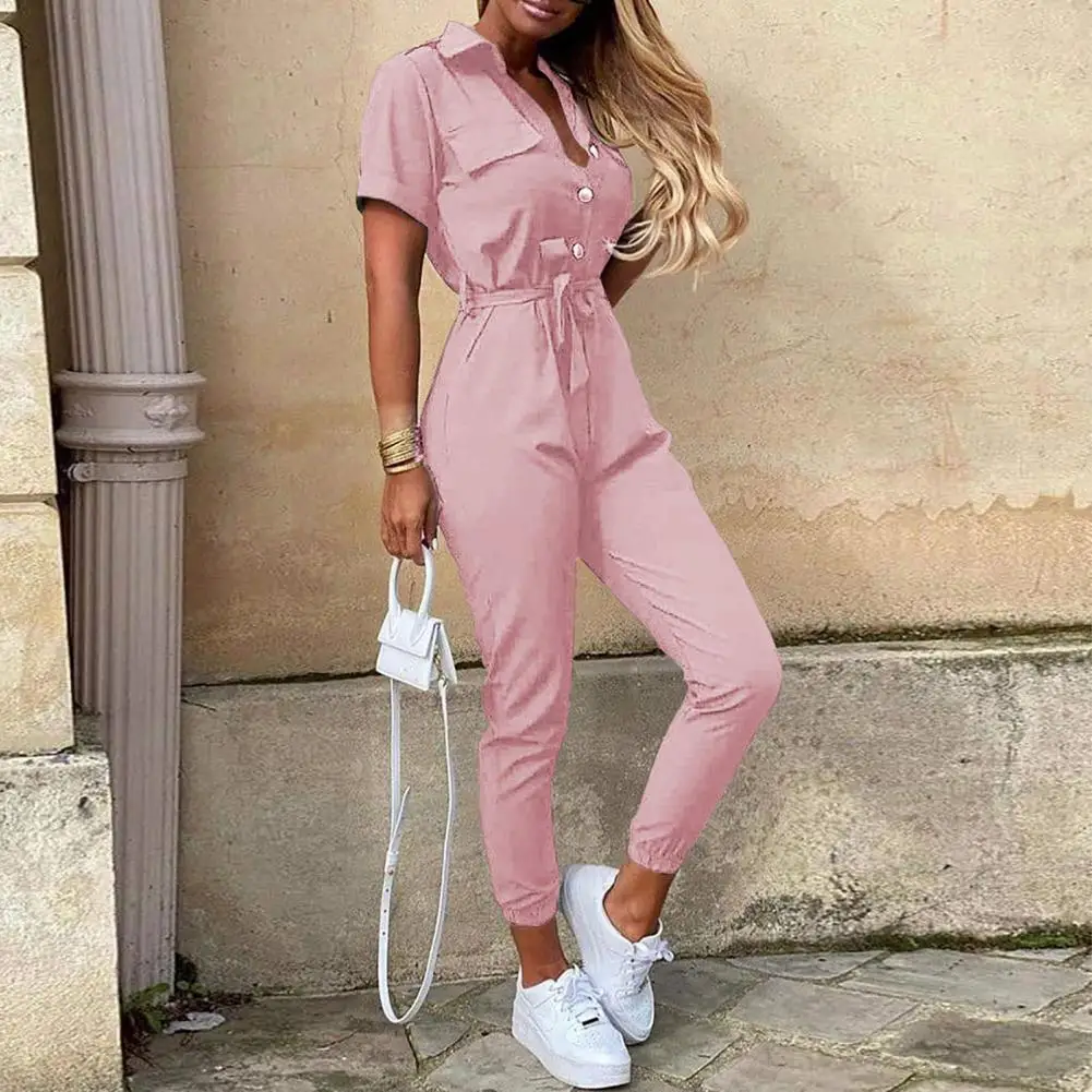 Lady Jumpsuit Belted Lapel Short Sleeve Elastic Leg Opening Trousers Playsuit Comfortable Women Summer Jumpsuit Streetwear