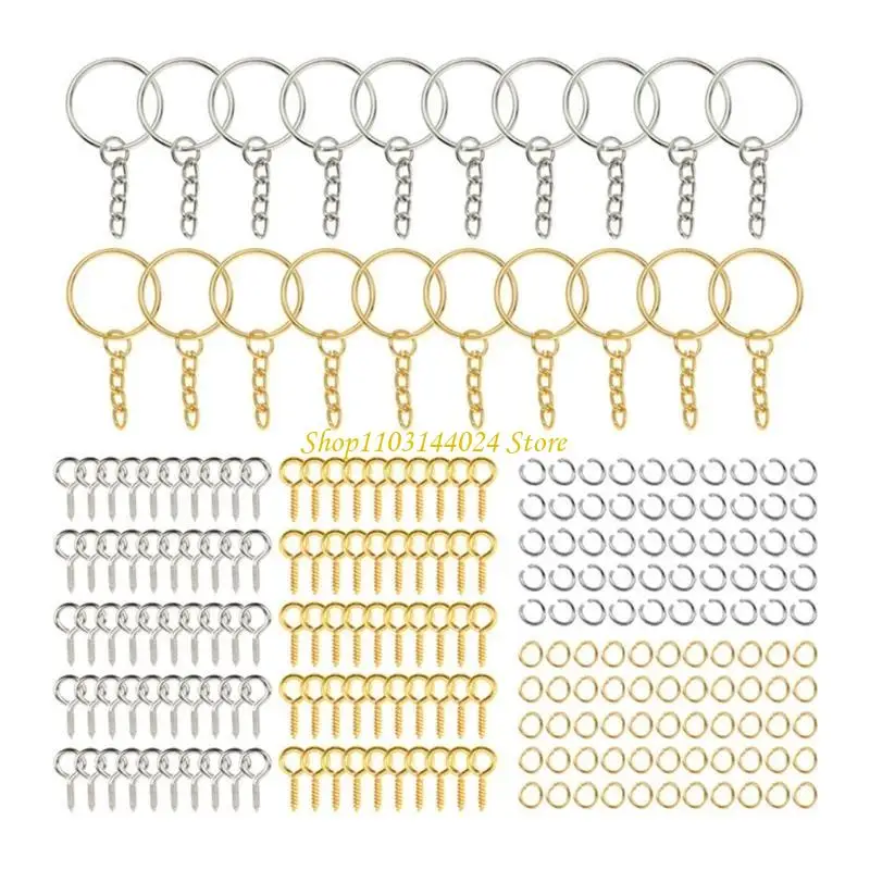 

N5KE Keyrings Chain Screw Eye Pins Metal Bulk Split Ring Set for DIY Craft