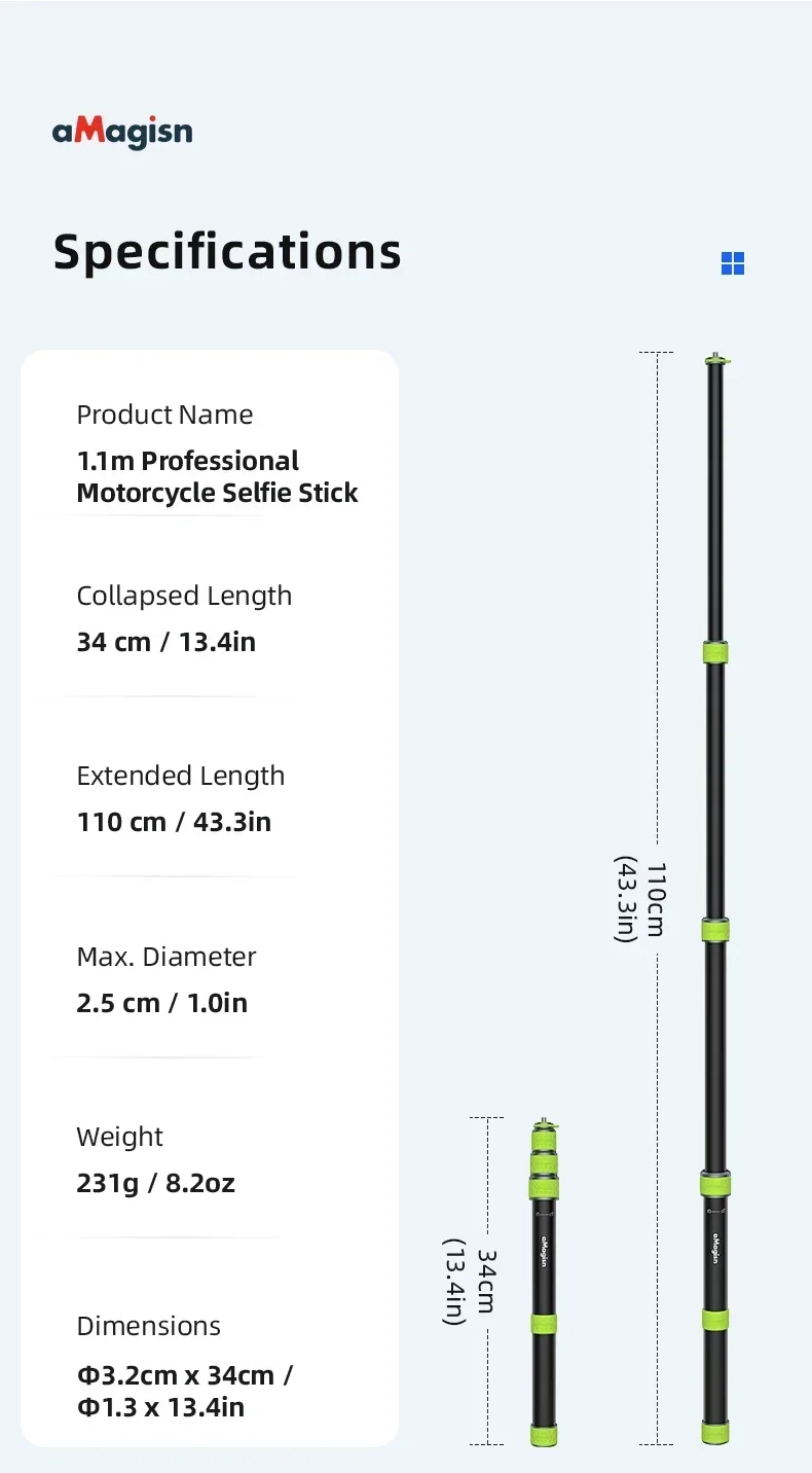 aMagisn 1,5 m (59,0 Zoll) / 1,1 m (43,3 Zoll) Motorrad-Selfie-Stick für GoPro DJI Insta360, 1/4 Zoll unsichtbare Teleskopstange – Detail 24