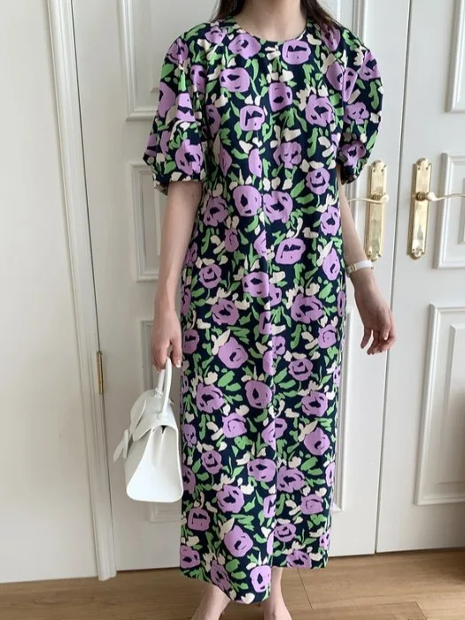 세련된 여름 꽃 프린트 느슨한 캐주얼 중간 길이 버블 슬리브 드레스 여성 라운드 넥 짧은 소매 통근 스타일 드레스