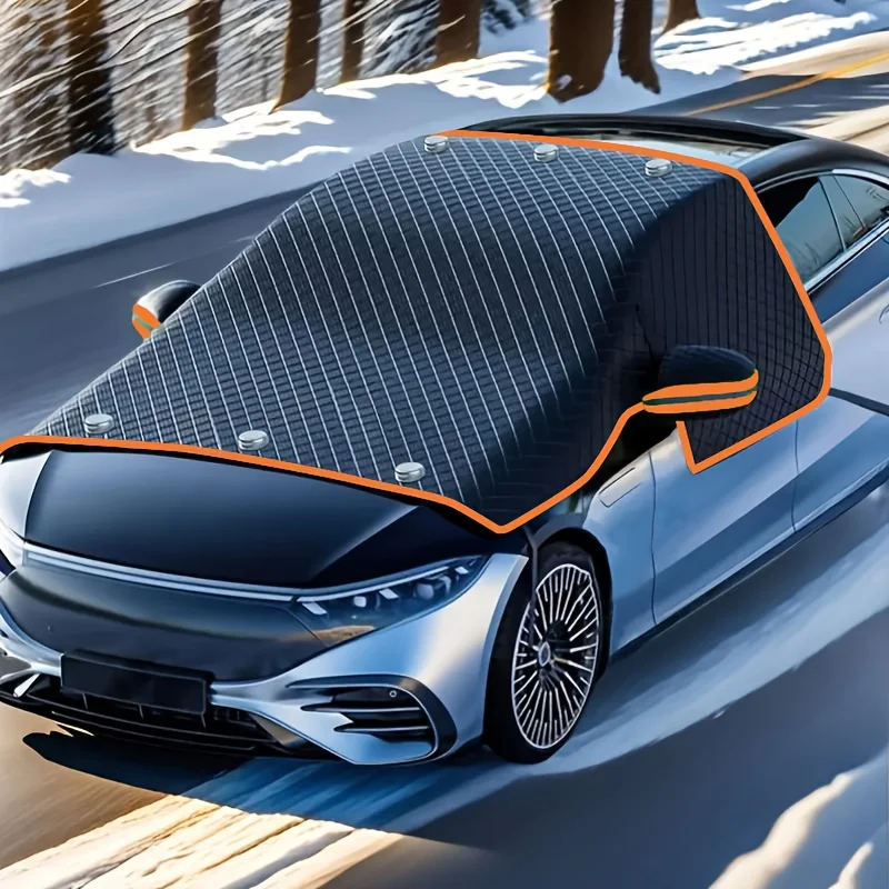 磁気式＆固定ストラップ付き車用フロントガラス雪カバー - 高耐久オックスフォード生地全天候型フロントガラスプロテクター（UV/日よけ付き）