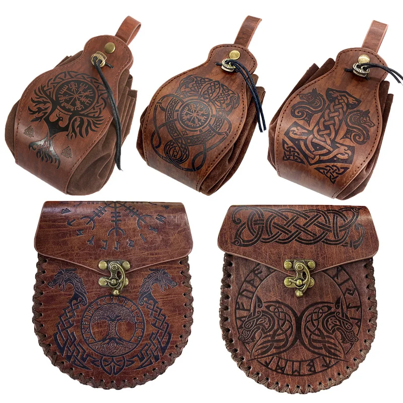 Medieval Renaissance Leather Belt Bag Celtic Viking Coin Pouch Steampunk Drawstring Purse For Men Women Larp Cosplay Props