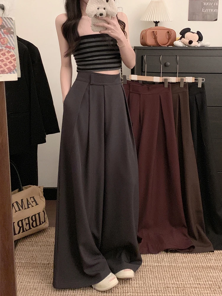 High Waist Wide Leg Pants Women's Loose Fitting Trousers 2026 New Style Magic Tape Floor Length Pleated Slimming Lazy Style
