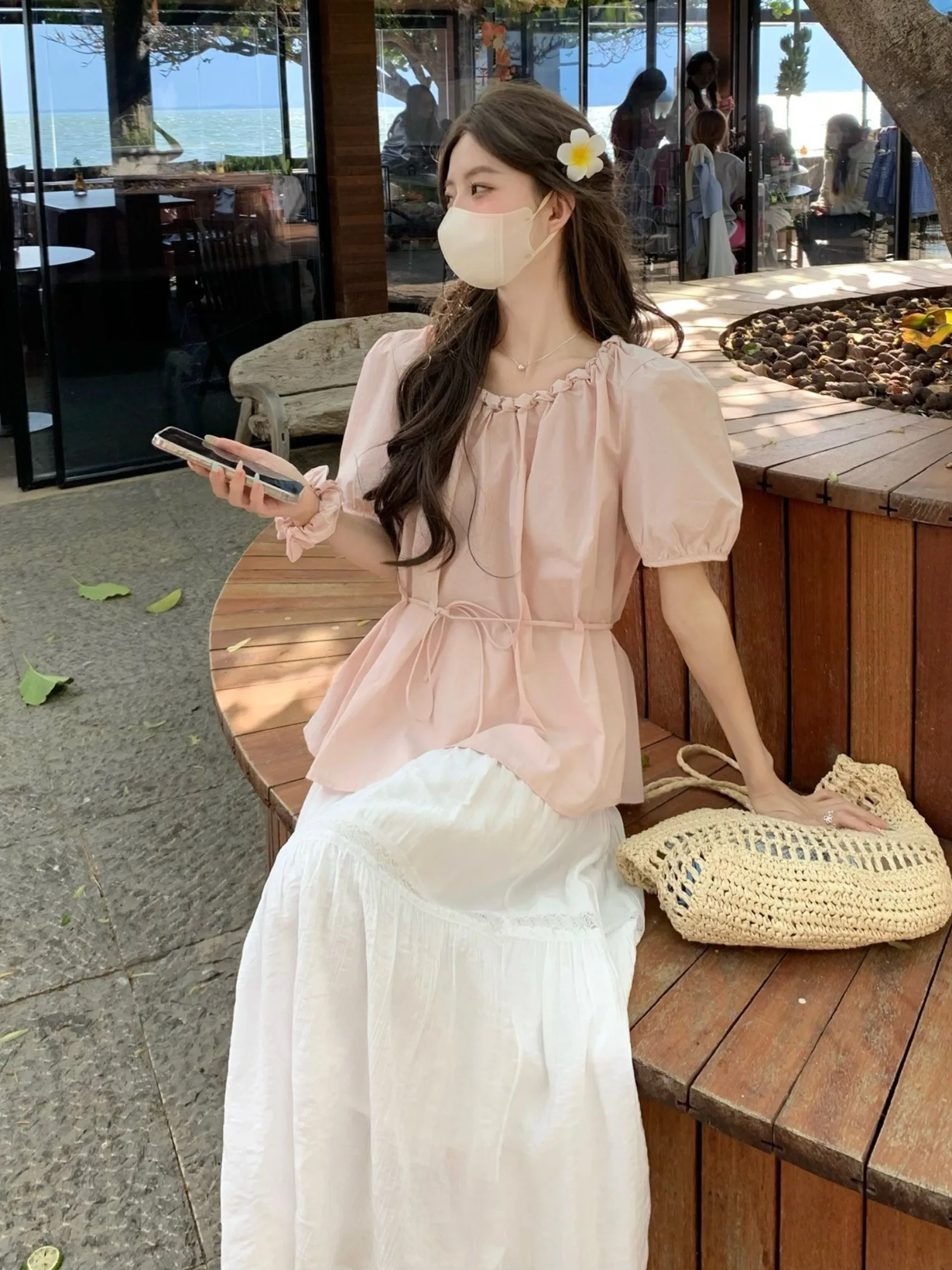 

Dopamine Pink Drawstring Short Sleeve Cotton Linen Women's Shirt Summer 2026 New Style Bubble Sleeve Doll Top Korean Loose Fit