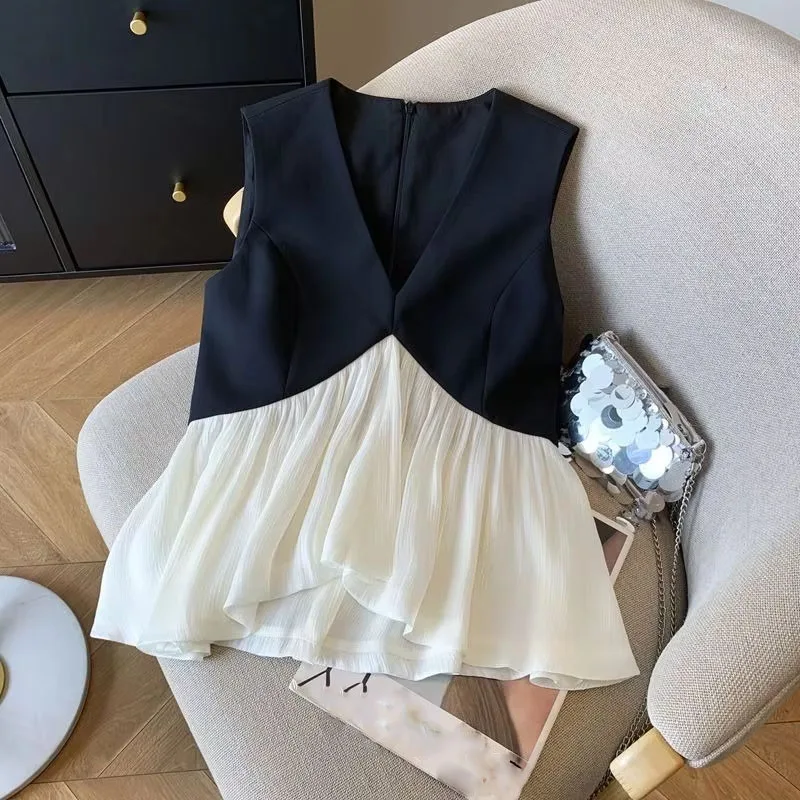 

Fashion Black White Patchwork Vest For Women 2025 Summer New All-match Tank Top Y2k Slim Fit Sleeveless White Tops Mujer