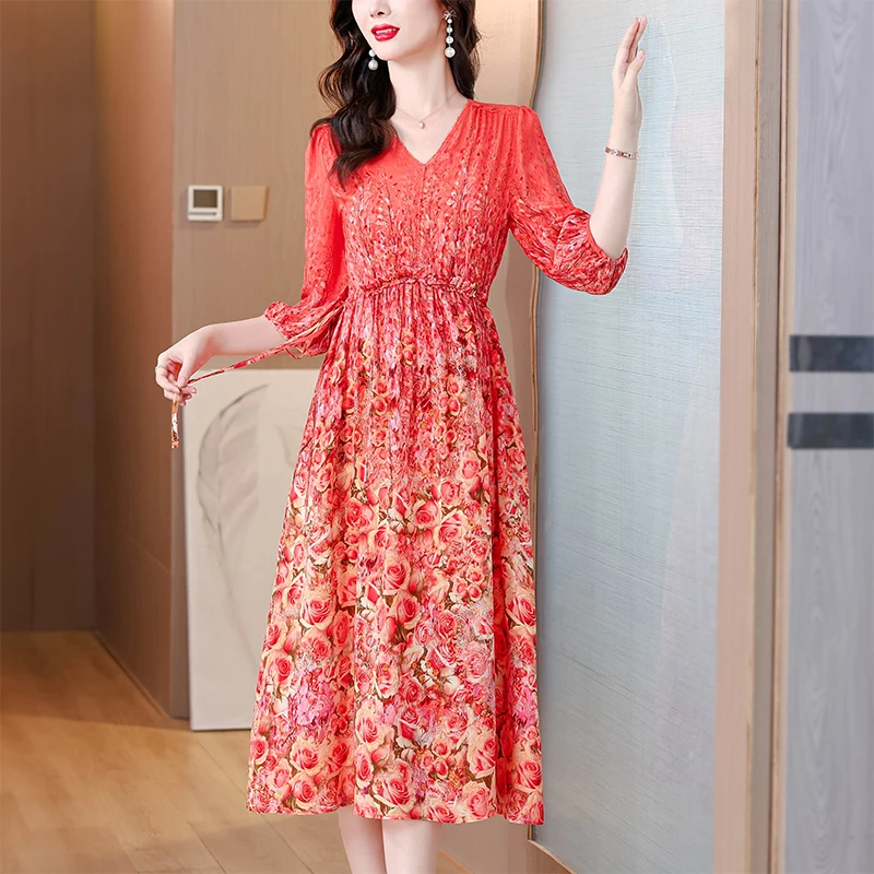 

2025 Spring Summer Floral Silk Midi Dress Women Vintage Boho Fashion Casual Light Dress Korean Elegant Luxury Festival Vestidos