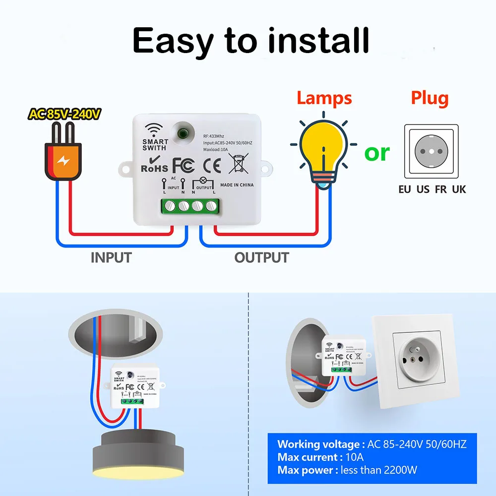 Wireless Smart Light Switch 433Mhz RF 86 Movable Wall Panel Switch with Remote Control Mini Relay Receiver 220V Led Lamp Fan