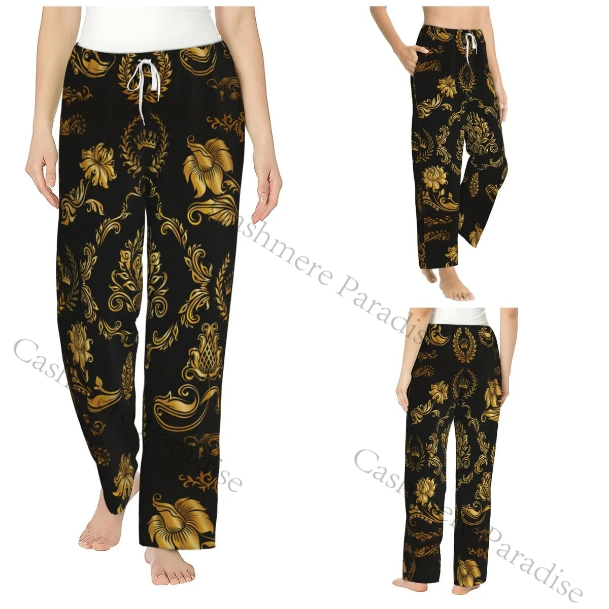 

Golden Luxury Baroque Flannel Pajama Pants for Women Soft Warm Sleep Pants with Elastic Waistband