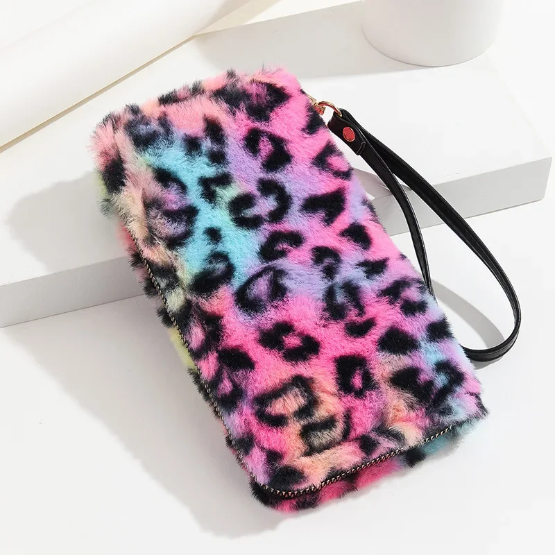 Women Fashion Leopard Prints Faux Fur Long Wallet Ladies Cheetah Pattern Fluffy Clutch Purse Money Clip Furry Cell Phone Wallet