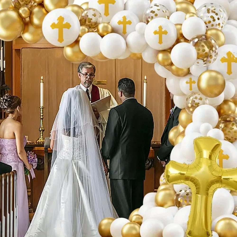 128PCS Eucharist and Baptism party decoration kit containing cross foil balloons for celebrating the first Communion with God