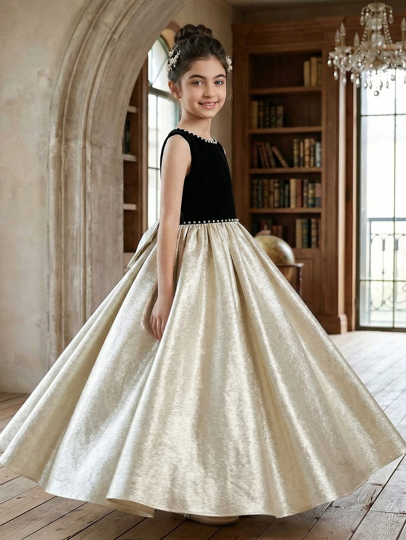 Tween Girl Black Patchwork Golden Satin Surface Elegant Princess Dress Party Gown Birthdays, Weddings, Party, Special Occasions view 4