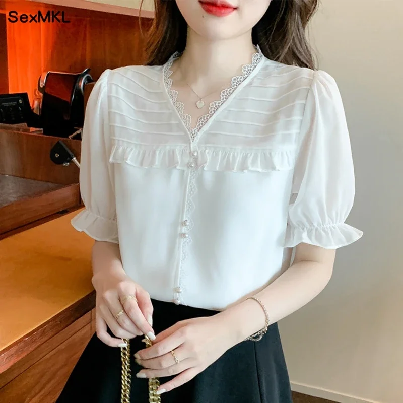 

Casual Lace Patchwork Summer Blouses Women 2024 Fashion V Neck White Pink Blusas Mujer Korean Style Shirts Puff Sleeve Tops XXXL