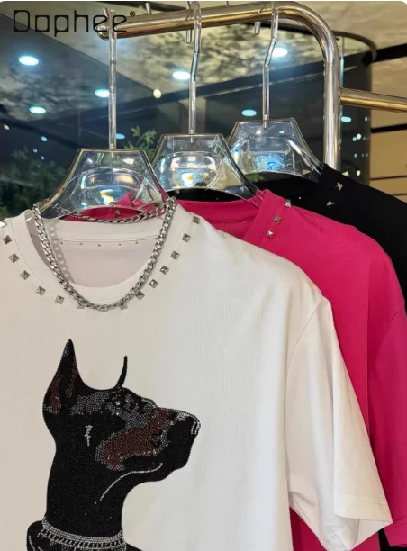 2026 Summer New Men's Cool and Stylish Casual Daily Rivet Loose-fitting White Pink and Black Round-neck Short-sleeve T-shirt