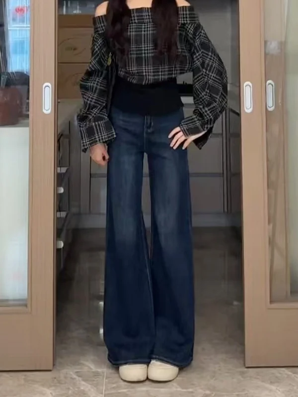 

Deep Blue High Waist Wide Leg Denim Jeans Women's plus Size Pear Shape Body Slimming Micro Flared Pants Spring New Arrival