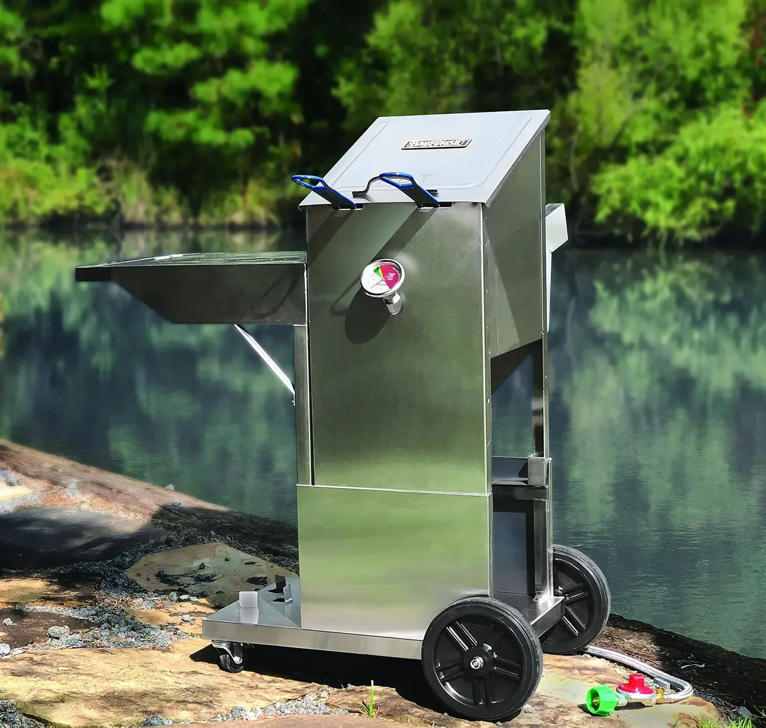 Classic 700-185 Stainless Bayou Fryer Cart Features Rubber Wheels and Locking Casters Hook Mount for Propane Tank Perfect