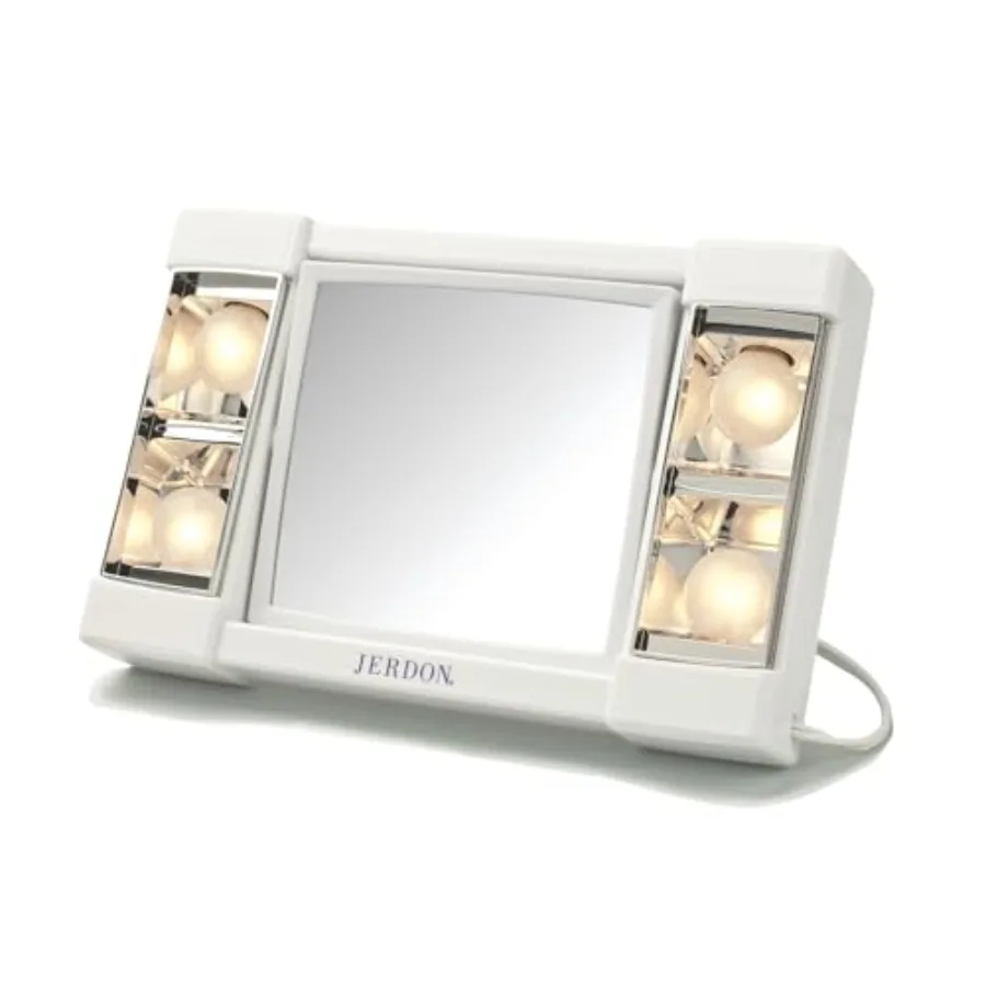 

JERDON Two-Sided Makeup Mirror with Lights - Vanity Mirror with 3X Magnification and Glare-Free Lighting - White Base - Model J