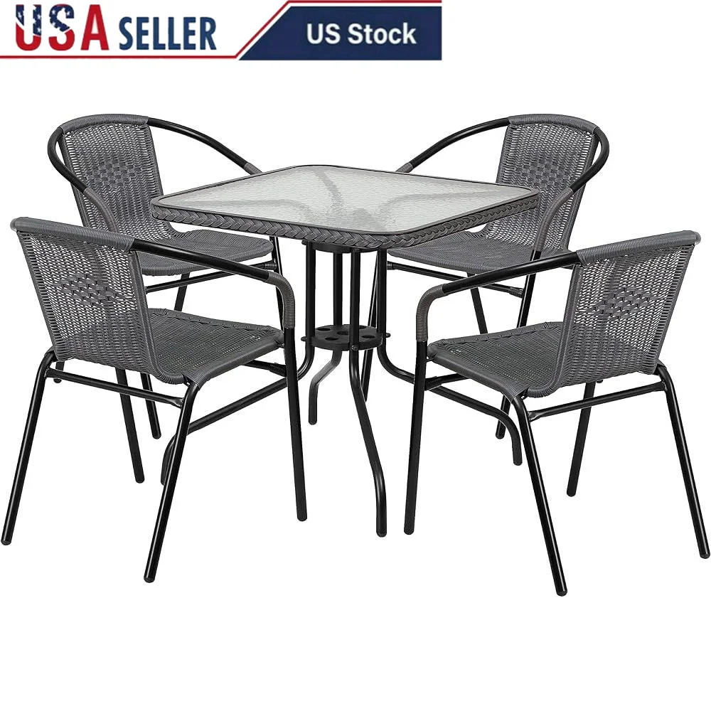 5-Piece Outdoor Dining Set Square Glass Table Rattan Chairs Patio Bistro Set Stacking Chairs Durable All-Weather Use Dining