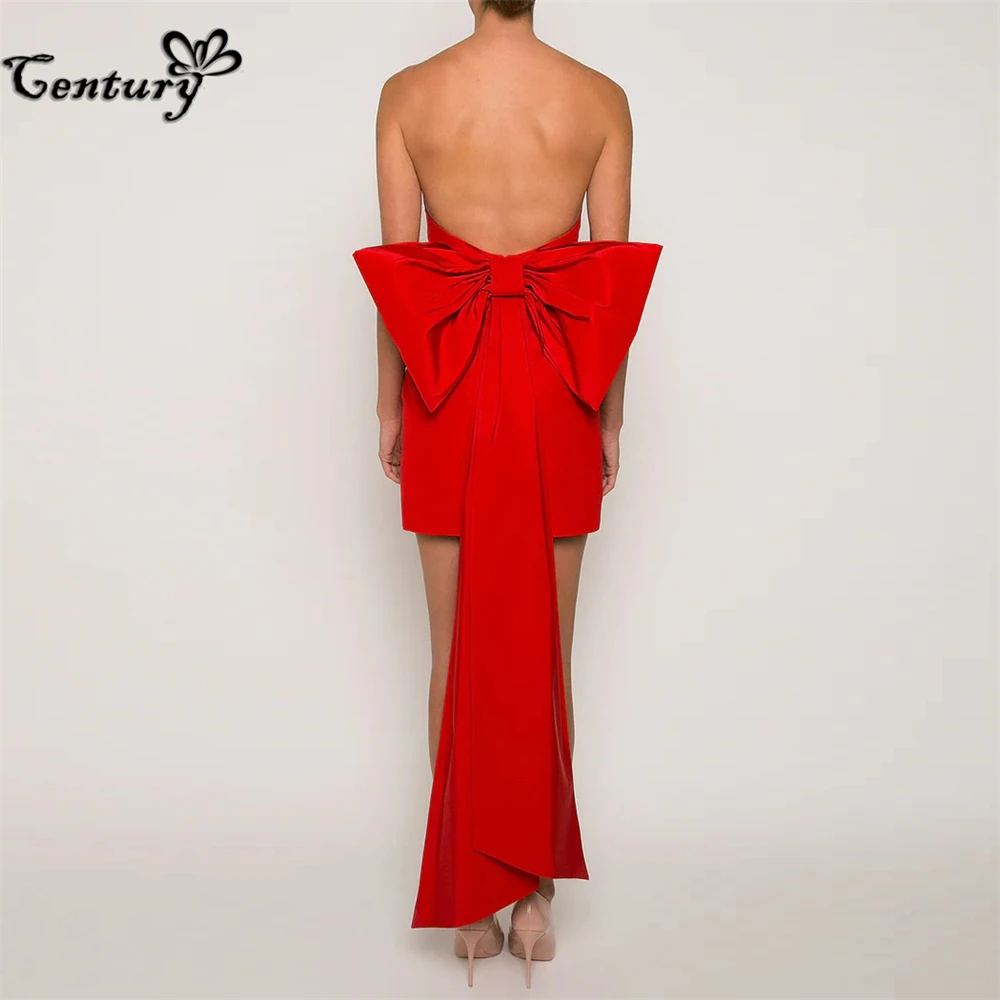 

Red Prom Dress Short with Detachable Bow Strapless Satin Evening Party Gowns Mini Formal Wear Robe De Soiree Customized