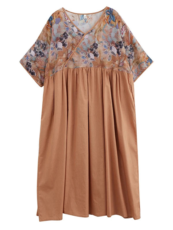 High Waist Slimming Cotton Linen New Sle V-ne Splicing Retro Wind Dr Middle-aged Mom Clothes plus Size Long Dr