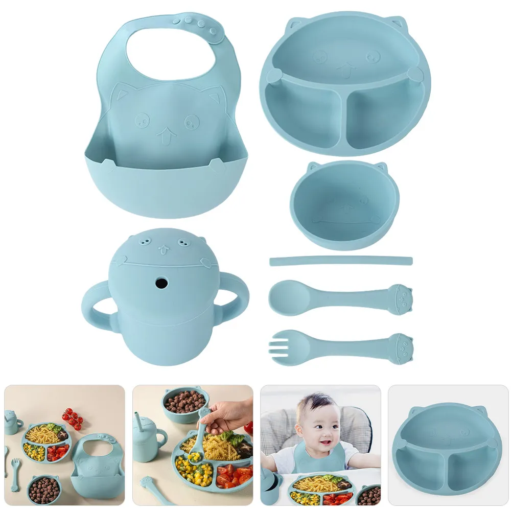 

1Set Silicone Kids Divided Plate Bowl Set Toddler Feeding Tableware Cute Compartment Design Safe Dishwasher Microwave