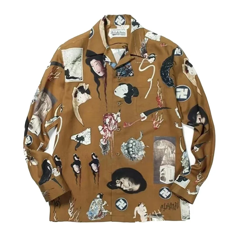 WACKO MARIA Fashion Loose Mens Womens High Street Prints Ukiyo-e Graffiti Hawaii Brand Long Sleeve Shirt