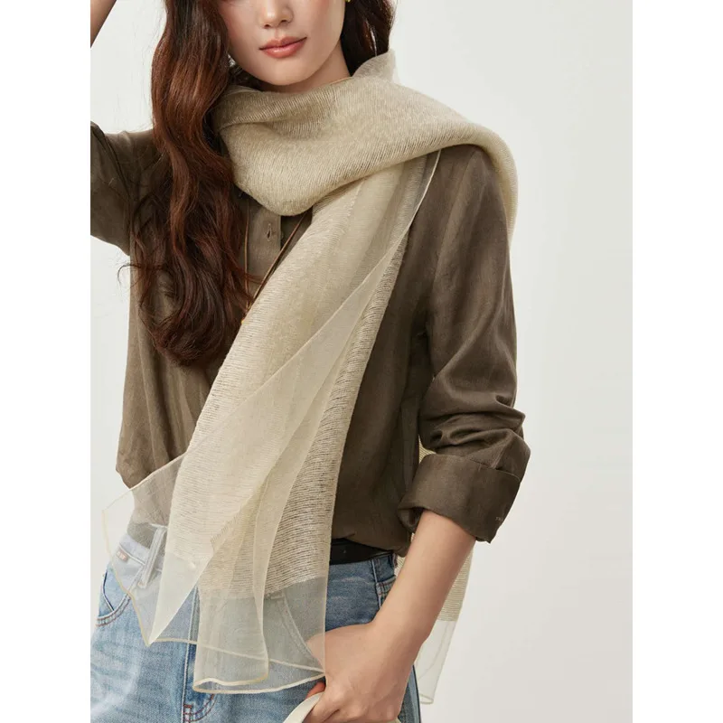 Women Double Layer Cloud Gauze Scarf 60% Wool 40% Mulberry Silk Lightweight Shawl Wrap Fashion Commuting