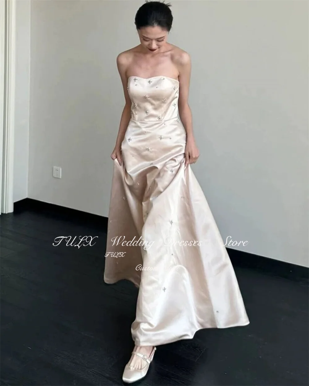 TULX Princess Satin Diamond Wedding Dress Korea Photo Shoot Sweetheart A line Floor Length Bridal Party Dress Corset Customized