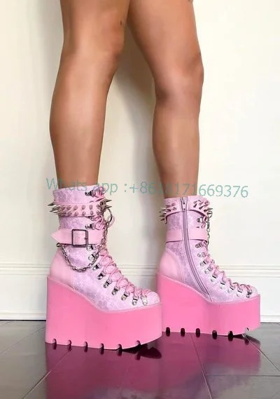 Studed Pink Wedges Platform Cross Strap Booties Women Round Toe Buckle Rivet Sweetheart Shoes Gril Cute High Heel Platform Shoes