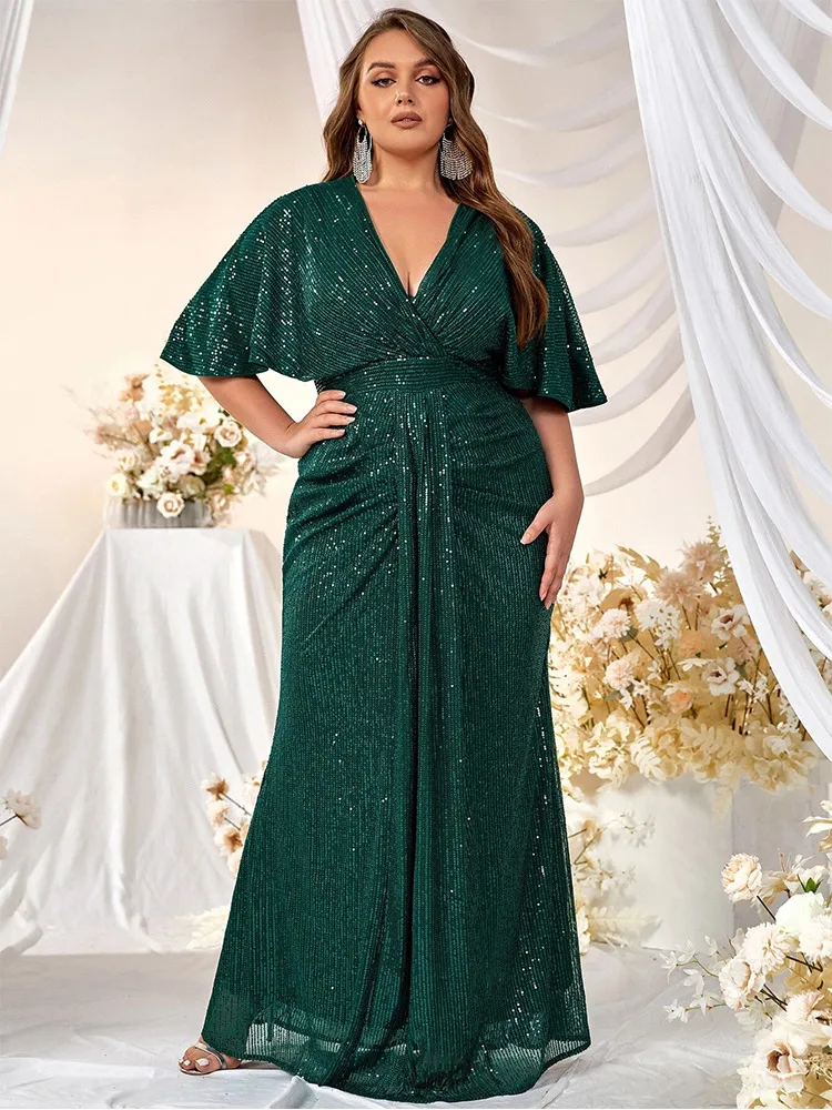 

Plus Size 4xl Loose Luxury Long Sequined Shawl Short-Sleeved Evening Dress Plus Size Wedding Dinner Women's Sparkling Dress