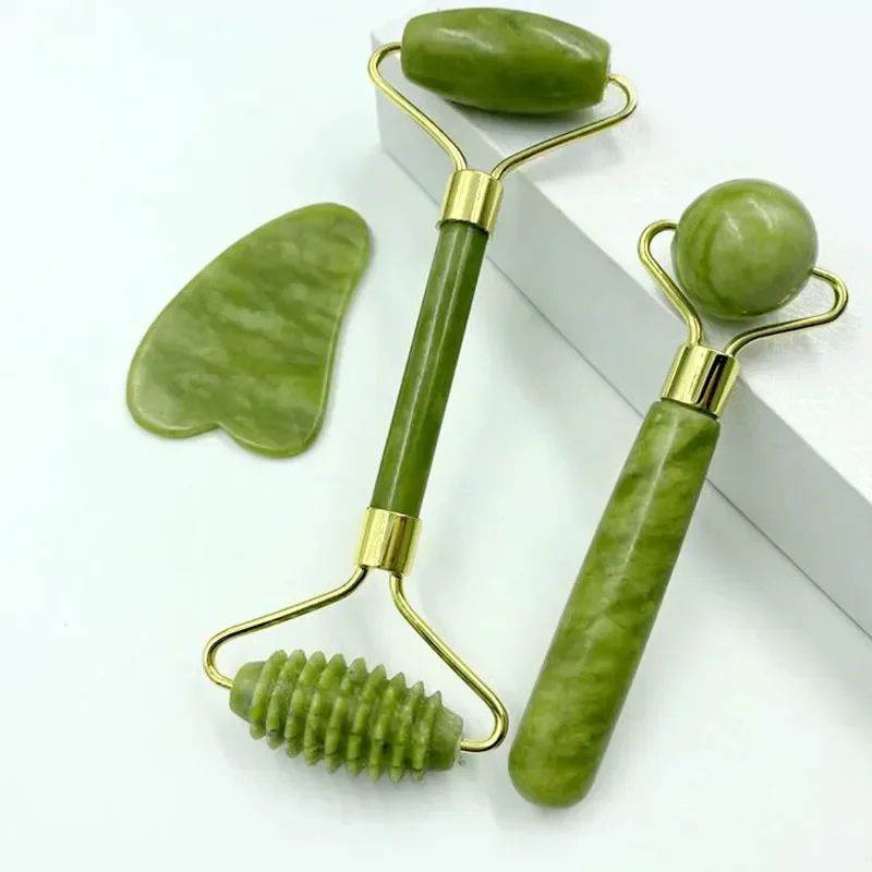Natürliches Jade-Rollenmassagegerät für Gesicht, Körper, Rücken, Fußmassage, Roller, Gesichtslifting, Anti-Falten, doppelseitiger Gua-Sha-Jade-Stein