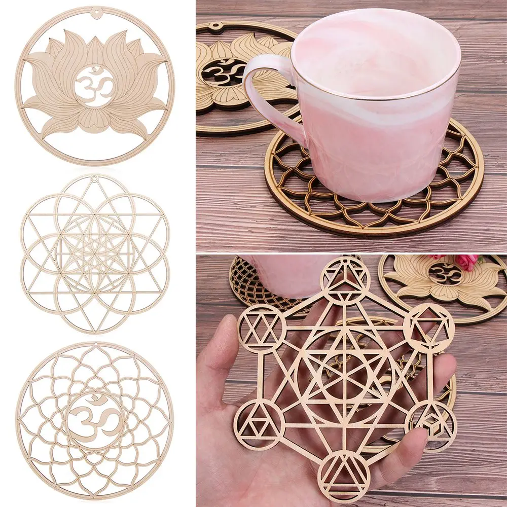 Wall Art Home Decor Handmade Coasters Laser Cut Flower Of Life Energy Mat Flower of Life Shape Wooden Wall Sign Slice Wood Base