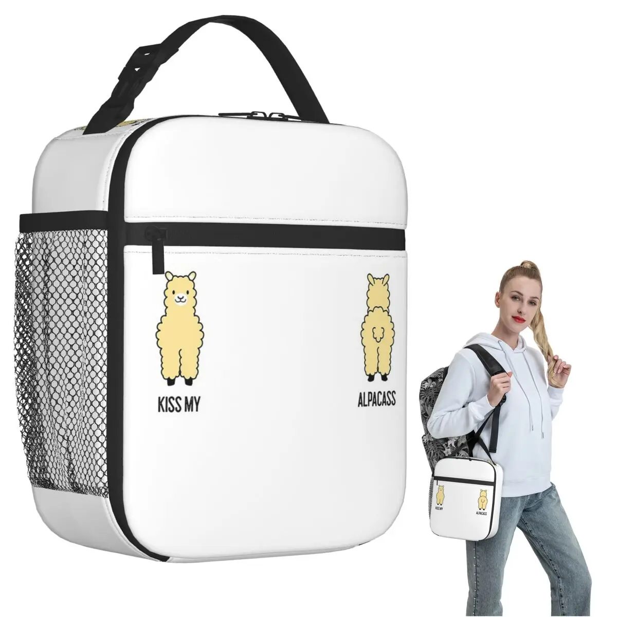 2-Sided Kiss My Alpacass Funny Alpaca Llama Insulated Lunch Bag for Women Children Portable Food Boxes Thermal Lunch Box Tote